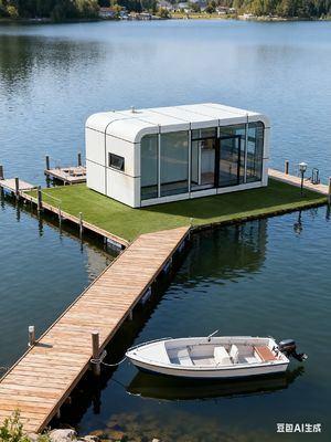 Características de hogar inteligente en Apple Capsule House. Peso neto total: 5.4 toneladas. Capacidad para 2 personas.